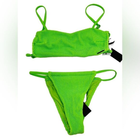 Kendall + Kylie Neon Lime Green Bandeau Strappy Swimsuit Bikini Set Sz L - Picture 1 of 5